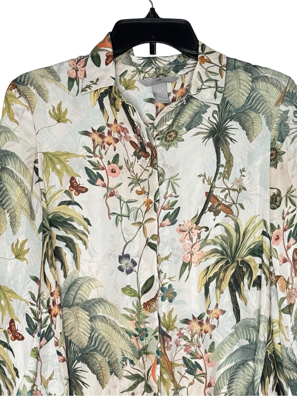 H&M Tropical Botanical Bird Print Button Front Blouse Size US 2 - Picture 5 of 10